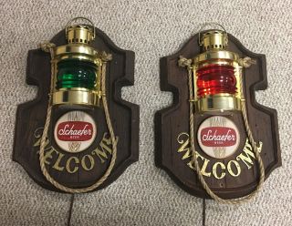 Vintage Schaefer Beer Welcome Lighted Lantern Bar Sign [set Of 2 - Green & Red]