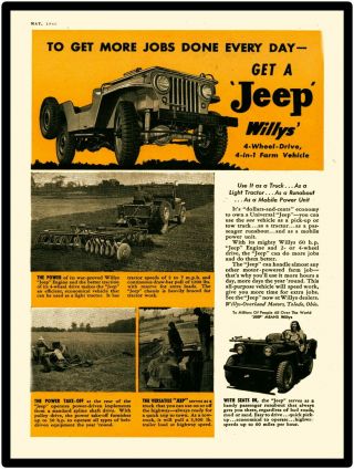 1946 Willys Jeep Metal Sign: Jeep On The Farm W/ Tractor Attachments