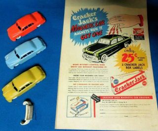 3 Rare F&f Die Mold Post Cereal Premium 1949 Ford Plastic Magnet Cars W/ Ring