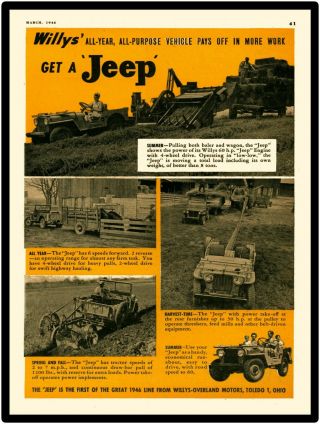 1946 Willys Jeep Metal Sign: Jeep On The Farm Pully Drive Power Take Off