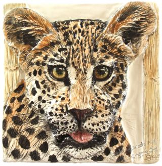 African Leopard Cat Ceramic Zoo Tile Portrait Sculpture By Sondra Alexander Art