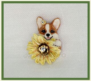 Susan Kimmel Corgi Jewelry - Corgi & Sunflowers Lapel Pin Ooak