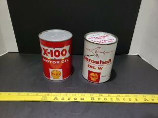 2 Vintage Shell 1 Qt.  Motor Oil Metal Cans - X - 100 & Aeroshell (full)
