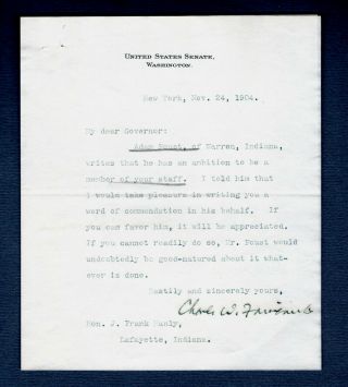 Charles W.  Fairbanks Autographed Signed Tls 1904 U S Vice President