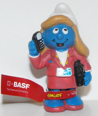 Smurfette On Mobile Phone And Briefcase Basf Promo Figurine Rare Smurf Figure