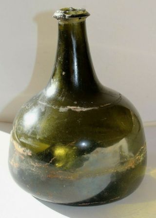 Antique English Black Glass Transitional Onion Mallet Bottle Circa 1720
