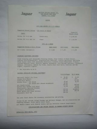 Jaguar Price List For 1971 Models - Xke Series Iii V12 And Xj6
