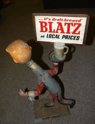 Vintage 50 ' s Blatz Running Waiter Metal Bottle Beer Advertising Sign Statue Man 2