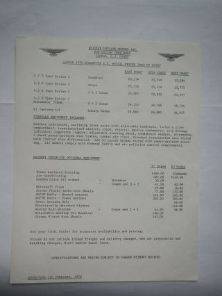 Jaguar Price List 1970 For E - Type And Xj6