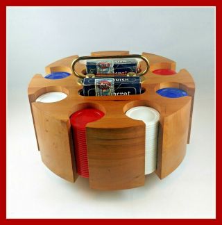 Antique Poker Chip Caddy - Vintage Wood Round Carousel,  Red White And Blue Chips