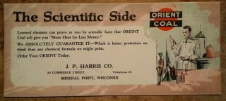 Vintage Orient Coal Adv Ink Blotter Scientific Side Jp Harris Mineral Point Wi