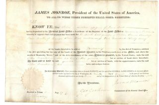 President James Monroe Signed 1823 Vellum Land Grant: Territory Nw Of The Ohio
