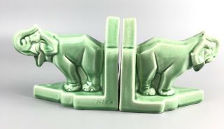 Vintage Green Ceramic Porcelain Elephant Bookends - 1927