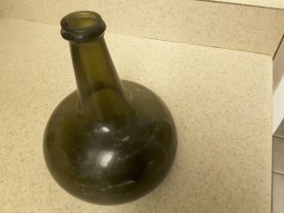 Antique Olive Green Glass Onion Bottle Early 1800s Open Pontil Black Glass