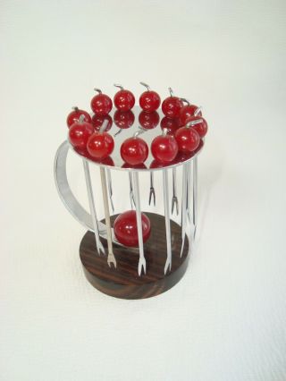 French Art Deco Ebony Chrome & Bakelite Red Cherries Cocktail Picks Holder Set