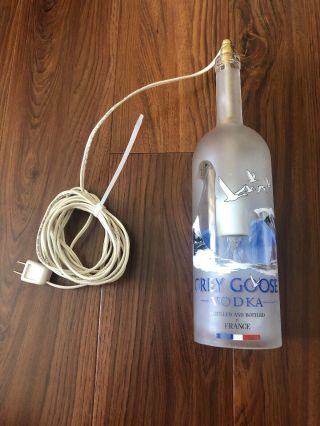 Grey Goose Vodka Large 1.  75l Liquor Bottle Lamp Light Wood Base Bar Lounge
