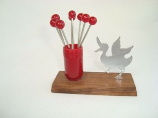 French Art Deco Wood & Chrome & Bakelite Red Cherries Cocktail Picks Holder Set
