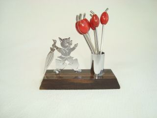 Art Deco French Ebony & Chrome Puss In Boots Red Cocktail Pick Holder Set