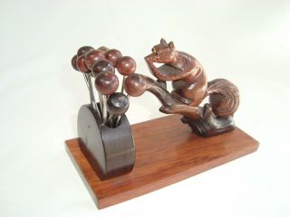 Art Deco French Carved Wood Squirrel Cocktail Picks Holder Set