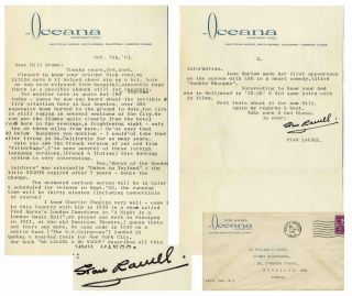 Stan Laurel Letter Signed Re Charlie Chaplin & Hardy