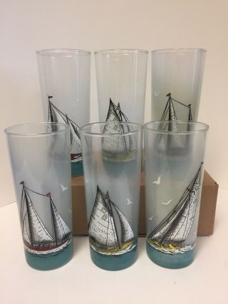 6 Nautical Sailing Ships Vintage Tumblers Glasses Barware 6.  5” Tall Classic