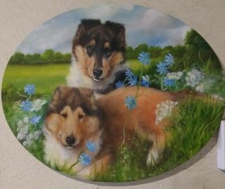 Collie Puppy Wildflowers Art Oil Painting,  16x20 Oval,  B Ann,  Ooak