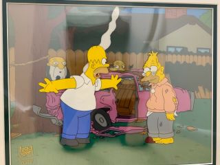 Simpsons Production Cel With Homer,  Grandpa,  Jasper And Crazy Old Man Framed