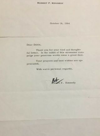 Robert Kennedy Signed Letter To Brother Of Tennessee Williams (1964) Senator