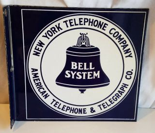 American York Telephone Bell System Flange Sign Porcelain Double Sided Old