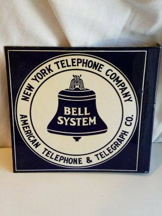 American York Telephone Bell System Flange Sign Porcelain Double Sided Old 5