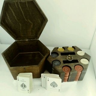 Antique Poker Chip Set With Case Clay Chips Tiger Oak Hand Crafted Scarce