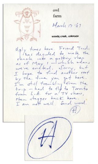 Hunter S.  Thompson Autograph Letter Signed Re Eviction