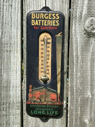 Old Burgess Batteries Advertising Thermometer Sign Metal Graphics Gas Oil 1930 
