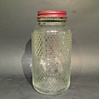 Old Judge Coffee Jar Clear Glass Diamond Pattern W/embossed Owl - Lid