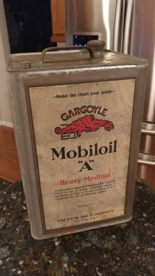 1920s 1930s Mobiloil Gargoyle " A " Heavy Medium 5 Gallon Oil Can Socony Vacuum