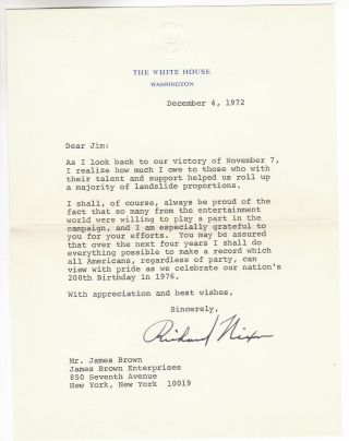 President Richard Nixon Auto Pen Signed Letter Thanking James Brown 1972