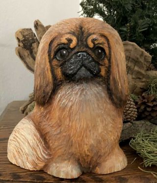 Wood Carved Pekingese Dog Ooak Lisa Rogers Carving