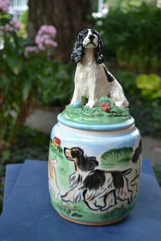English Cocker spaniel.  Handsculpted ceramic cookie jar OOAK.  LOOK 7