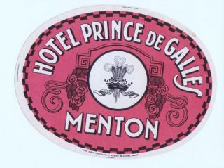1920 Deco Luggage Label Hotel Menton Boutillier Prince Wales Badge Paris France