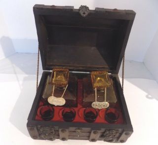 Vintage Pirates Wood Treasure Chest Liquor Decanter And Shot Glass Set,  Japan