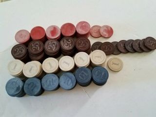 231 Rare Antique Clay Poker Chips 25,  1,  5,  10,  Victorian Style Lettering