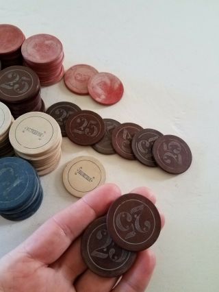 231 rare antique clay poker chips 25,  1,  5,  10,  Victorian style lettering 5