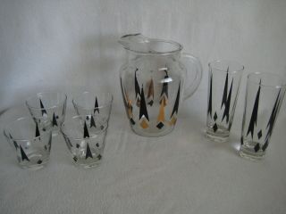 Mcm Vintage Mid - Century Modern Cocktail Pitcher And Glass Set