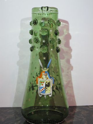 Antique 2l Blown Green Glass Beer Stein Or Pitcher With Heraldic Crest - Egermann