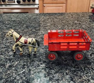 Set Of 2 Vtg 1930s Marx Pressed Steel Red Truck And,  A Horse And A Cart,
