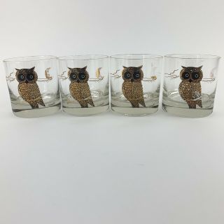 4 Vintage Gold Owls Mid Century Couroc Low Ball 1960s Glasses Barware Man Cave