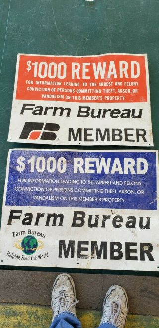 2 Vintage Old Tin Metal Sign Farm Bureau Member $1000 Reward