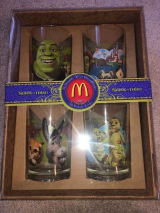 2007 Dreamworks McDonald ' s Movie Promotional Shrek Third Set 4 Glass Tumblers 3