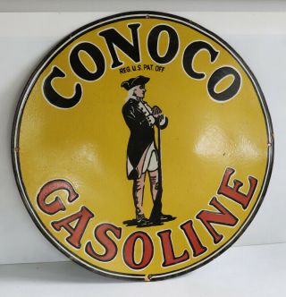 24 " Round Conoco Gas Porcelain Sign With Minuteman Soldier
