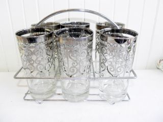 Vintage 6 Silver Scroll Highball Glasses & Chrome Caddy Rack Bar Set Barware Euc